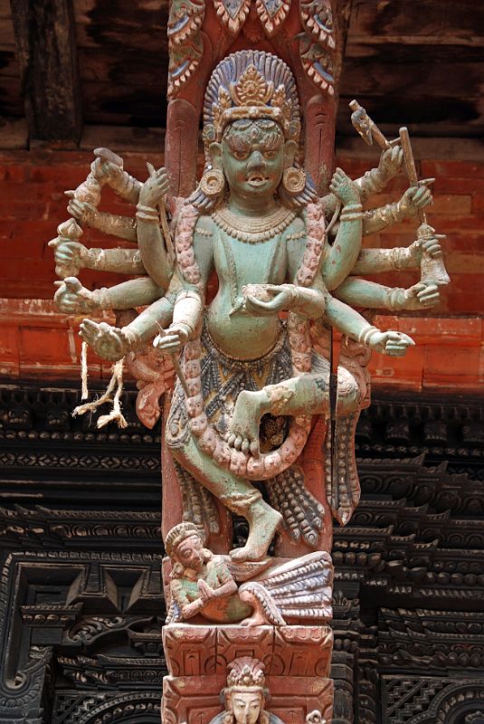 Kathmandu Patan Durbar Square Mul Chowk 25 Carved Wooden Roof Strut Of Many Armed Green Wrathful Figure 